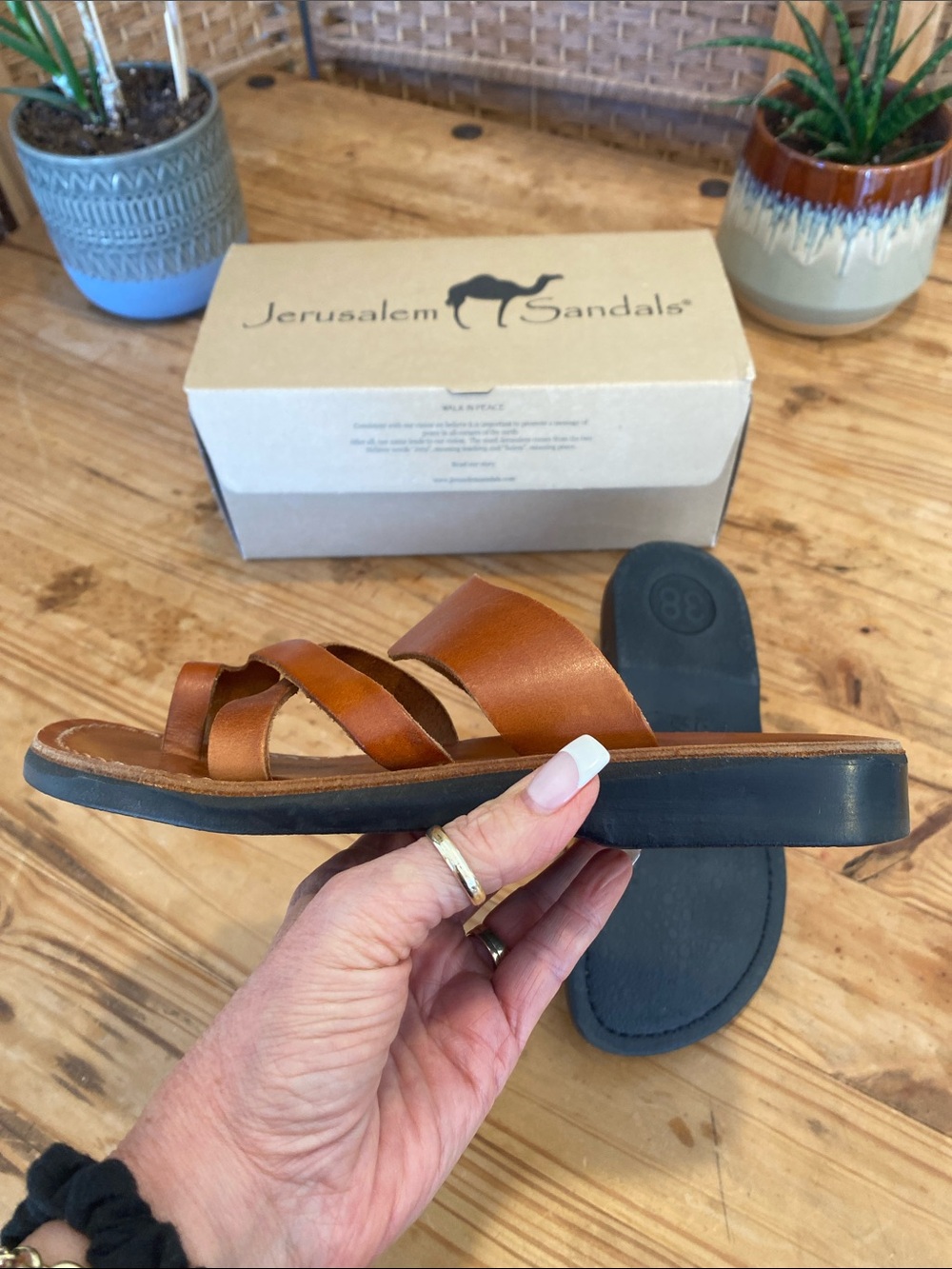 Jerusalem Sandals Women's Leather Slide Sandals in Tan - Picture 8 of 14